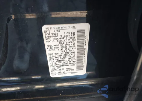 2010 Nissan Murano Sl из США, поврежденный, VIN JN8AZ1MU0AW013508